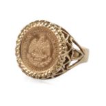 1945 DOS PESOS COIN, in 9ct gold pierced heart ring mount, ring size R, 4.2gms Provenance: private