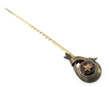 YELLOW METAL DIAMOND & BELIEVED RUBY GENTS TIE PIN, 7cms long, unmarked in vintage McFarlane &