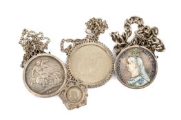 FOUR COIN MOUNTED WATCH FOBS, comprising colour-enamelled 1892 silver crown, 1889 silver crown, 1972