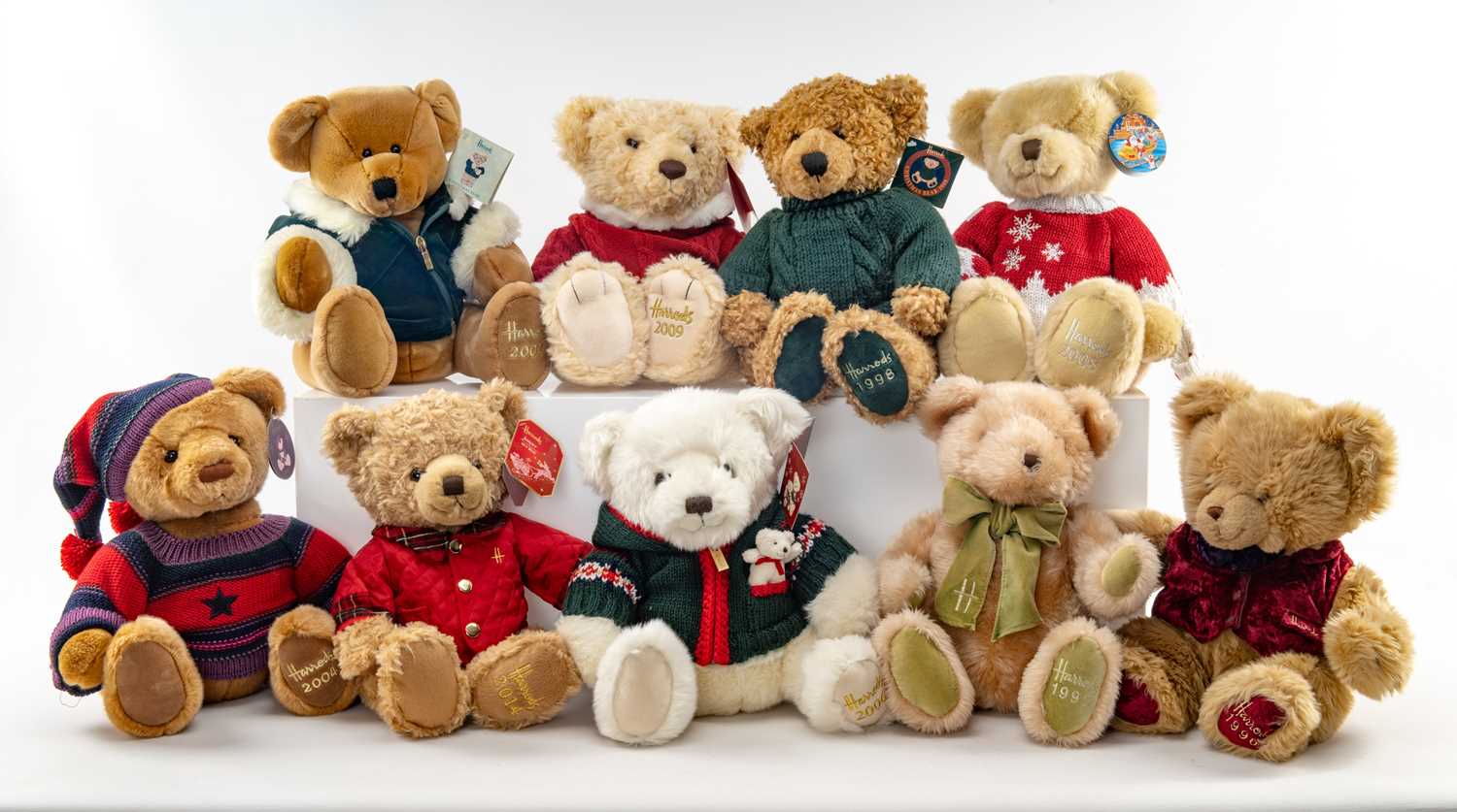 GROUP OF HARRODS CHRISTMAS TEDDY BEARS, dates including, 2004, 1996, 2009, 2008, 2001, 1998, 2014,
