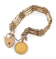 9CT GOLD GATE & BRICK LINK BRACELET with heart shaped padlock and Victorian gold half sovereign