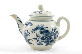 18TH C. WORCESTER 'MANSFIELD' PATTERN PORCELAIN TEAPOT & COVER, printed flowers and insects, 11.5cms