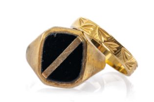 TWO GOLD RINGS comprising 9ct gold onyx ring (3.8gms) and an 18ct gold band (2.8gms), 6.6gms