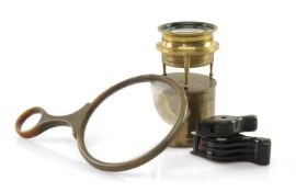 ASSORTED 19TH C. MAGNIFYING GLASSES/LENSES, including lacquered brass tripod map lens in cylinder