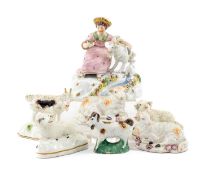 ASSORTED 19TH C. MODEL SHEEP & GOATS, including pair Derby porcelain recumbent ewe and ram,