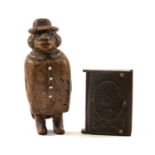 19TH C. COQUILLA NUT FIGURAL SNUFF BOX & VESTA CASE, snuff box carved as a gent in hat and tailcoat,