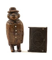 19TH C. COQUILLA NUT FIGURAL SNUFF BOX & VESTA CASE, snuff box carved as a gent in hat and tailcoat,