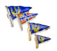 FOUR ENAMEL GB YACHT CLUB BURGEE BROOCHES, comprising two 9ct gold Royal Solent Yacht club brooches,