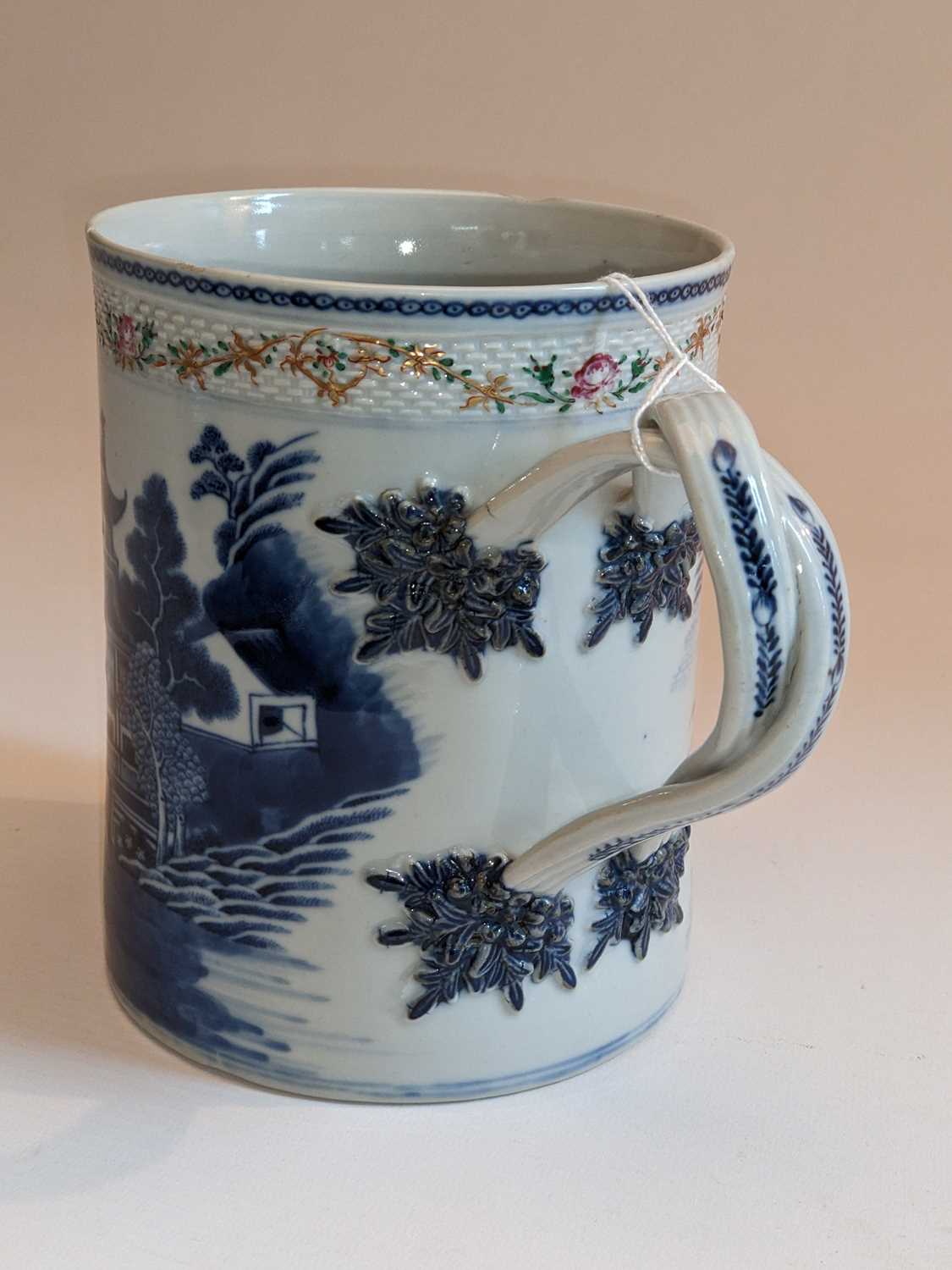 LARGE CHINESE EXPORT BLUE & WHITE TANKARD, Qianlong, painted with a river landscape with - Image 2 of 20