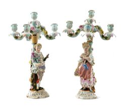 PAIR SITZENDORF PORCELAIN FIGURAL CANDELABRA, late 19th C., columns as 18thC figures with flower