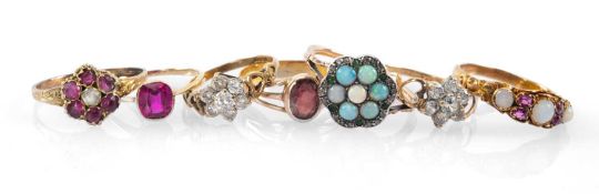 SEVEN DRESS RINGS comprising two 9ct gold white stone cluster rings together with five yellow