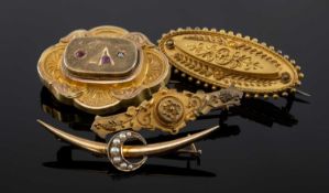 FOUR VICTORIAN BAR BROOCHES, including large locket brooch set with rubies and a diamond chip,