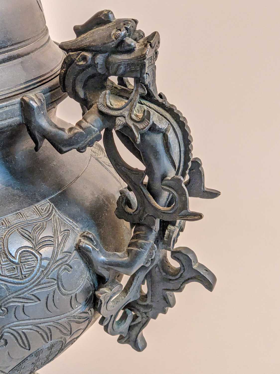 CHINESE ARCHAISTIC BRONZE CENSER, Xuande 4-character seal mark, 19th Century, the pierced domed - Image 6 of 20