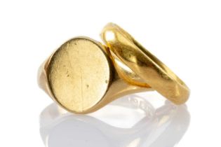 TWO GOLD RINGS, comprising 22ct wedding band 4.0gms, 18ct signet ring 6.5gms (2) Provenance: private
