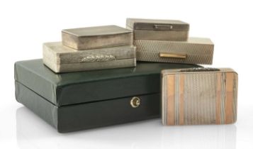 FIVE MODERN SILVER SNUFF BOXES, various makers including Asprey, dates 1953, 1978, 1994, 1996, and