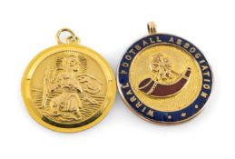 TWO GOLD PENDANTS comprising 9ct gold and enamel Wirral Football Association pendant and a 9ct