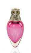 CRANBERRY GLASS NOVELTY OWL SCENT BOTTLE, manner of Sampson Mordan, the 'sterling' marked silver