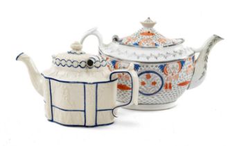 TWO EARLY 19TH C. TEAPOTS, comprising Castleford-type smear glazed teapot with moulded panels within