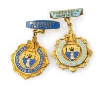 TWO 9CT GOLD ENAMEL BADGES, titled 'The Institute of Quarrying, President 1974-1975', and companion,
