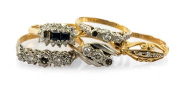 FIVE GOLD RINGS comprising five 18ct gold rings set with diamonds and sapphires, 12.6gms gross (5)
