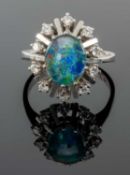 18CT WHITE GOLD OPAL TRIPLET & DIAMOND CLUSTER RING, ring size O, 4.8gms Provenance: private