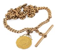 9CT ROSE GOLD GRADUATED CURBLINK ALBERT CHAIN, with T-Bar and 10 franc gold fob, tot wt appr. 40.