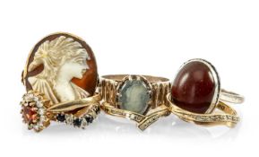 SEVEN ASSORTED RINGS comprising 3 x 9ct gold wishbone rings, 9ct gold cluster ring, cameo ring,