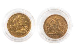 TWO VICTORIAN GOLD HALF SOVEREIGNS, both 1891, old head, capsules, each 3.9g (2) Provenance: private