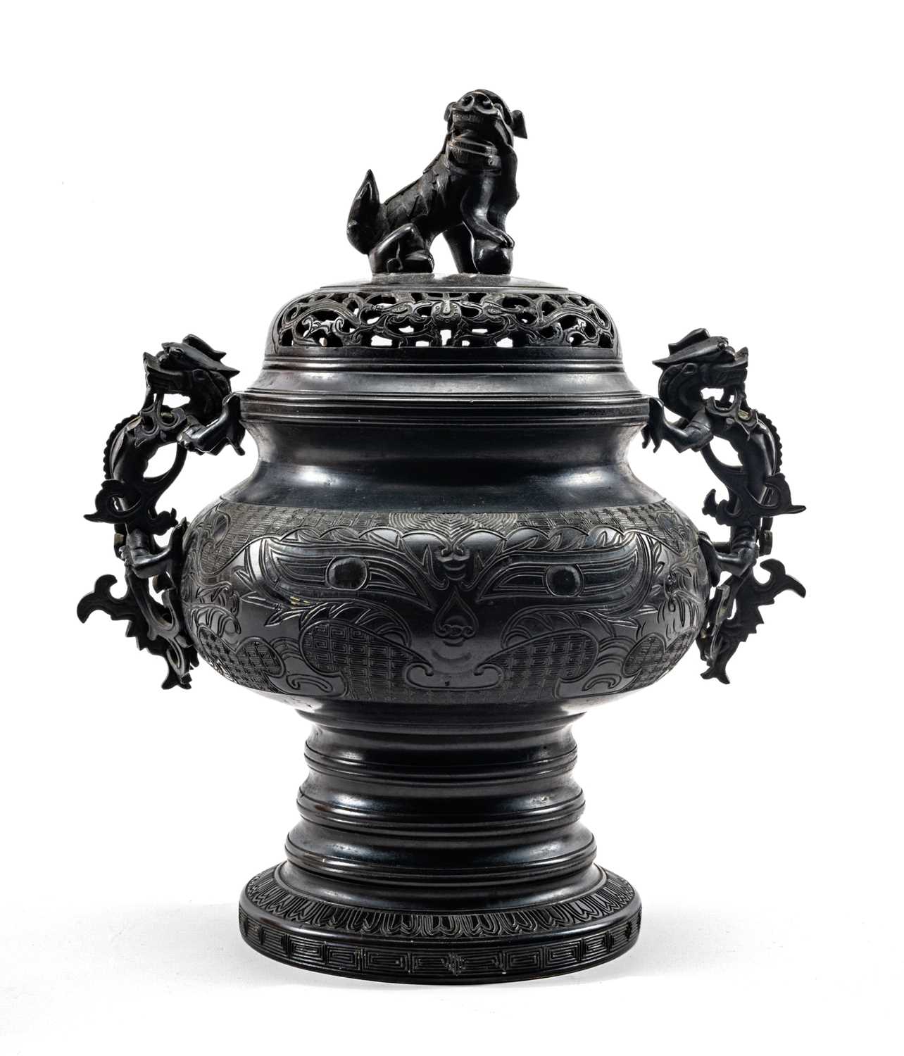 CHINESE ARCHAISTIC BRONZE CENSER, Xuande 4-character seal mark, 19th Century, the pierced domed