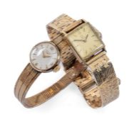 TWO 9CT GOLD LADIES' BRACELET WATCHES, comprising Omega watch with square dial and bark effect