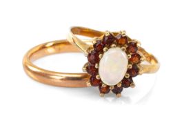 TWO 9CT GOLD RINGS comprising 9ct gold band and a 9ct gold opal and garnet cluster ring, 4.9gms
