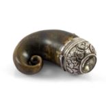 LARGE 19TH C. SCOTTISH HORN SNUFF MULL with applied white metal (unmarked) hinged cap, decorated