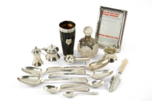 ASSORTED SILVER comprising horn beaker with silver rim and shield cartouche, silver cigar ashtray,