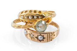 THREE GOLD RINGS comprising 15ct gold seed pearl and diamond ring, 18ct gold diamond chip ring and