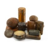 ASSORTED SNUFF & OTHER SMALL BOXES, of wood and horn, including burr yew box, brass inlaid oval box,