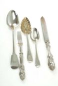 GROUP OF ANTIQUE SILVER FLATWARE, comprising, William IV provincial stuffing/basting spoon,