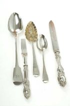 GROUP OF ANTIQUE SILVER FLATWARE, comprising, William IV provincial stuffing/basting spoon,