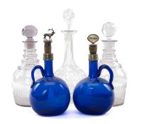 ASSORTED GLASS DECANTERS, comprising 2 x Regency ringed and cut mallett decanters (one with