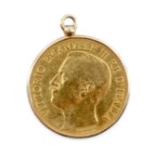 ITALIAN EMANUELE III GOLD 50 LIRA, 1911, in unmarked yellow metal pendant frame, gross wt 17.3g