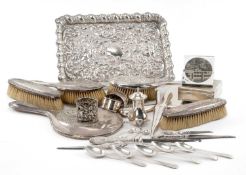 ASSORTED SILVER WARE, including embossed tray 30cm wide, 4pc silver backed brushes and mirror,