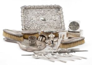 ASSORTED SILVER WARE, including embossed tray 30cm wide, 4pc silver backed brushes and mirror,