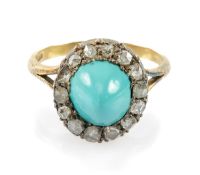 18CT GOLD TURQUOISE & DIAMOND HALO RING, the central pointed cabochon turquoise stone surrounded