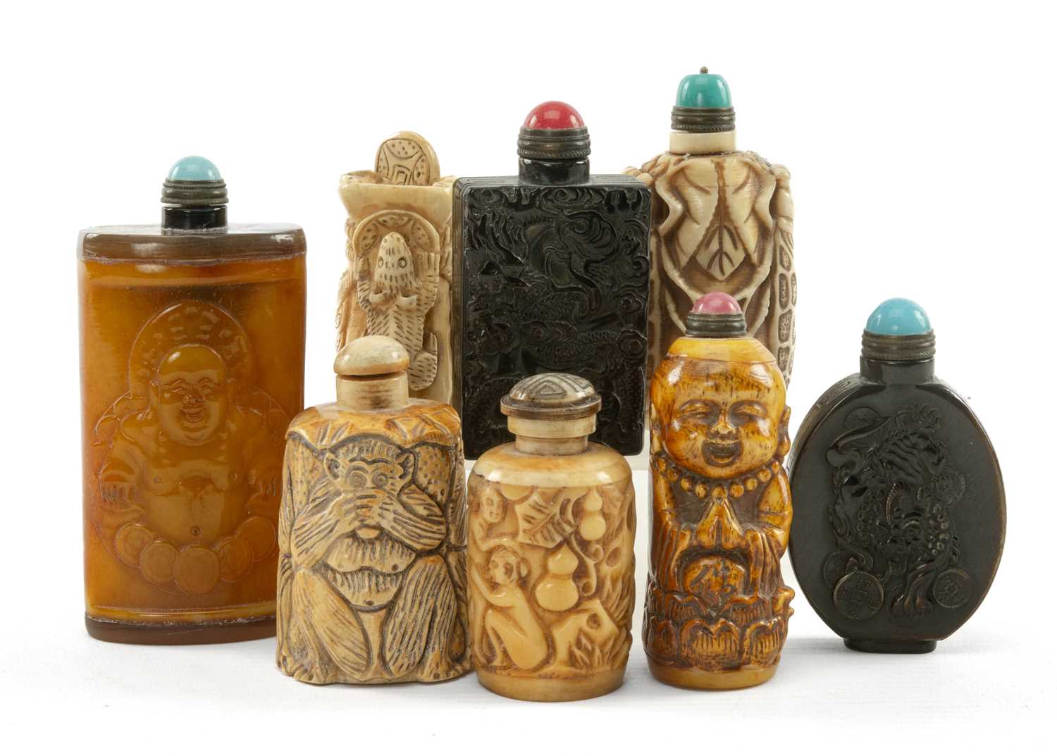 ASSORTED MODERN CHINESE SNUFF BOTTLES, including carved bone and horn examples, one erotic (8)