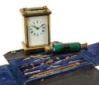 FRENCH BRASS CARRIAGE CLOCK, five glass with platform escapement, 11cms high, together with green