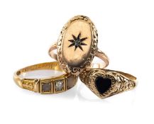 THREE GOLD RINGS comprising 18ct gold coral and diamond five stone ring, 9ct gold onyx heart ring,