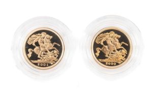 TWO ELIZABETH II GOLD HALF SOVEREIGNS, 2000 and 2001, proof, COAs, boxed and capsules, each 3.9g (2)