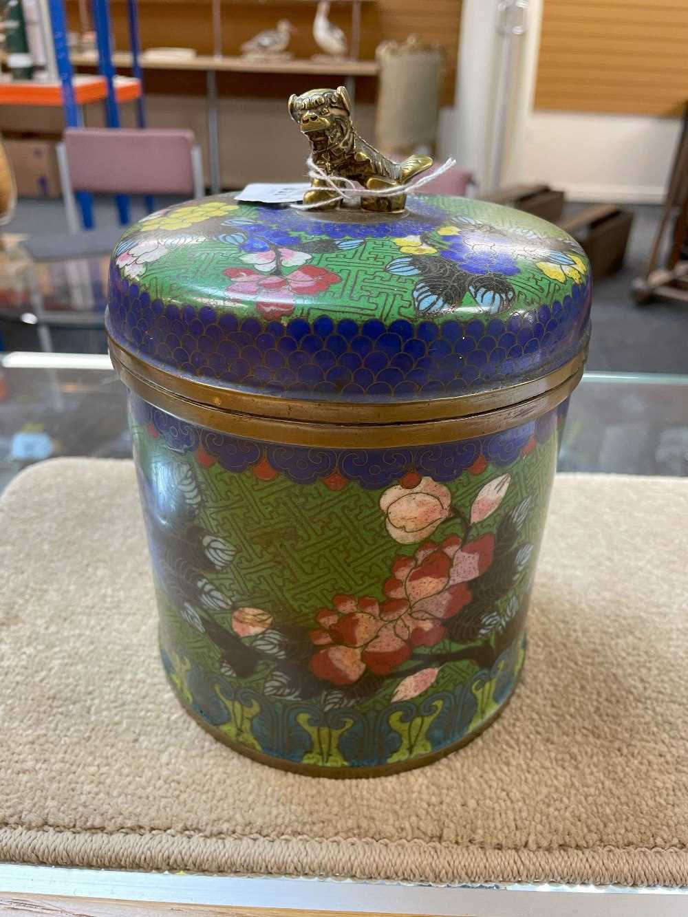 THREE ORIENTAL ORNAMENTS, comprising Chinese Champlevé enamel jar and cover, with gilt dog of fo - Image 5 of 32