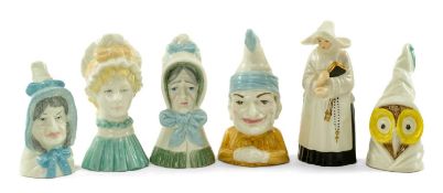 SIX ROYAL WORCESTER PORCELAIN CANDLE SNUFFERS, including Mrs Caudle, Mr Punch, Owl, Mob Cap, Old