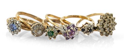 SIX GOLD RINGS comprising six 9ct gold cluster rings set with various mainly semi-precious gem