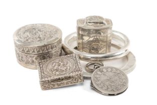 SIX WHITE METAL COLLECTIBLES, including two bangles (one marked Sterling the other unmarked)